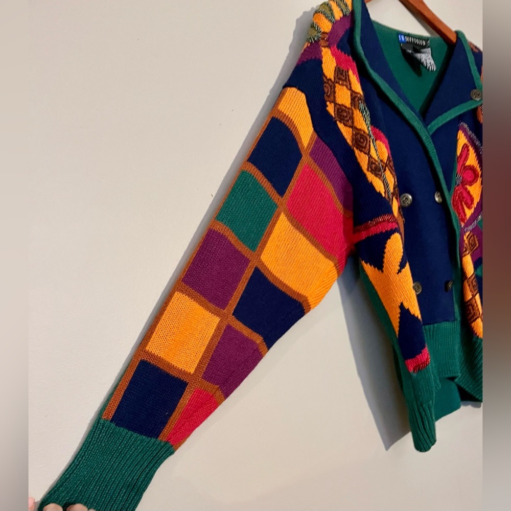 Vintage 90s I.B. Diffusion Colorful Geometric Grandma Core Cardigan Sweater L - Picture 3 of 12